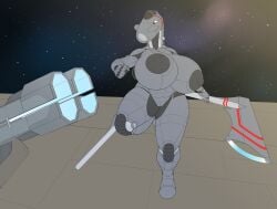 aeromorph aircraft airplane anthro areola axe big_areola big_breasts big_nipples breasts cockpit cosmic_background curvy_figure digital_media_(artwork) eyebrowless female fin grey_body hi_res holding_object huge_breasts jet jet_engine living_aircraft living_machine living_vehicle machine melee_weapon metallic_body ndragon3 nipples not_furry nude nude_anthro nude_female robot sky solo space space_background star starry_sky starscape thick_thighs vehicle voluptuous weapon wide_hips
