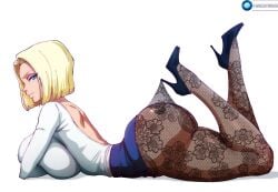 1girls ai_generated android_18 ass big_ass big_breasts blonde_hair blue_eyes breasts dragon_ball dragon_ball_super dragon_ball_z female female_only gmoreartworks heels high_heels huge_ass huge_breasts interracial lace_pantyhose_hooked_on_heel_(meme) large_ass large_breasts milf pantyhose queen_of_spades revealing_clothes short_hair source_request spades tattoo very_high_heels