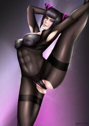 abs black_hair bodysuit capcom crotchless female female_only human juri_han leg_up panties pink_eyes solo street_fighter windbelow