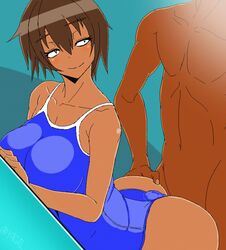 animated ass brown_hair buttjob clothes_penetration clothesjob female huge_ass looking_back male outercourse penis penis_under_clothes rubbing smile swimsuit yagal