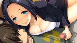 black_hair blue_eyes blush breast_press breasts censored cleavage female game_cg handjob highres large_breasts legs nanairo_reincarnation penis short_hair sitting skirt smile sumeragi_kohaku thighs