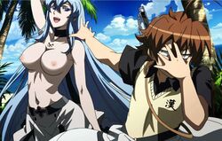 1boy 1girls akame_ga_kill! aqua_hair belt blue_eyelashes blue_eyes blue_hair breasts esdeath_(akame_ga_kill!) female large_breasts long_hair male navel nipples nude skirt sky smile standing sword tatsumi_(akame_ga_kill!) third-party_edit tree uncensored very_long_hair weapon