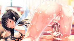 ass black_hair blue_eyes blush breast_press censored cum female game_cg long_hair magical_marriage_lunatics!! mitsu_no_tama_yori_hime moonstone nude open_mouth penis pussy wet yamakaze_ran