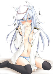 areolae blue_eyes breasts female hammer_and_sickle hat hibiki_(kantai_collection) highres kaminagi_(kaminagi-tei) kantai_collection long_hair nipples panties school_uniform serafuku silver_hair sitting small_breasts solo striped striped_panties thighhighs underwear verniy_(kantai_collection) white_background