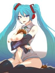 blue_eyes blue_hair breasts clothed clothing cute female hatsune_miku long_hair nipples scat scat_on_breasts shit_stains shitting shitting_on_floor shitting_self vocaloid