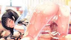 ass black_hair blush breast_press censored closed_eyes female game_cg long_hair magical_marriage_lunatics!! mitsu_no_tama_yori_hime moonstone nude open_mouth penis pussy wet yamakaze_ran