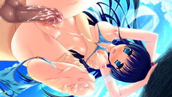 barefoot black_hair blue_eyes breast_grab breasts censored cum feet female game_cg long_hair magical_marriage_lunatics!! mitsu_no_tama_yori_hime moonstone navel nipples nude open_mouth panties panty_pull penis pussy soles toes underwear yamakaze_ran