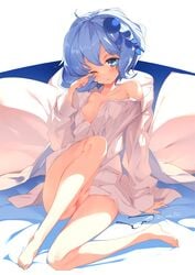 barefoot bed_sheet blue_eyes blue_hair blush bottomless breasts female full_body glasses hair_ornament kaede_(sayappa) medium_breasts naked_shirt one_eye_closed open_mouth pillow piruluk pussy shirt short_hair solo unbuttoned white_shirt wixoss