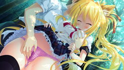 animal_ears blonde_hair breast_grab closed_eyes female fingering forest fox_ears game_cg karin_amagi long_hair magical_marriage_lunatics!! moonstone panties skirt skirt_lift smile striped striped_panties thighhighs tree underwear yamakaze_ran