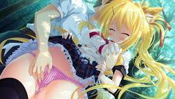 animal_ears blonde_hair breast_grab closed_eyes female fingering forest fox_ears game_cg karin_amagi long_hair magical_marriage_lunatics!! moonstone panties skirt skirt_lift smile striped striped_panties thighhighs tree underwear yamakaze_ran