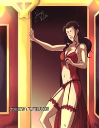 1girls asami_sato avatar_legends cleavage deesky female female_only garter_straps green_eyes human large_breasts lingerie long_hair navel negligee panties red_lingerie smooth_skin solo standing stockings the_legend_of_korra