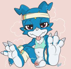 anthro balls bandai_namco belly bodily_fluids bottomless claws clothed clothing digimon digimon_(species) flaccid genitals hi_res male penis slightly_chubby solo sweat tbid veemon workout_clothing