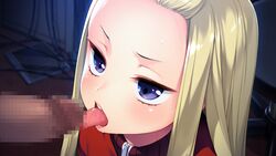 blonde_hair blue_eyes blush censored face fellatio female game_cg highres licking long_hair looking_away nanairo_reincarnation nose oral penis sumeragi_kohaku tongue zipper