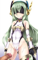 bare_shoulders black_gloves blindfold collar cum cum_on_body cum_on_clothes cum_on_lower_body detached_sleeves emil_chronicle_online female gloves green_hair hair_ornament hairband highres leotard lock looking_at_viewer penis shimo_(depthbomb) solo solo_focus thighhighs