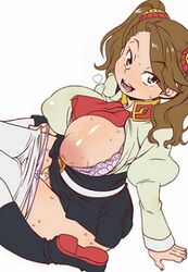 animated blush breasts brown_eyes brown_hair female gundam gundam_build_fighters gundam_build_fighters_try hair_ornament large_breasts long_hair nipples puffy_nipples sazaki_kaoruko simple_background smile solo tied_hair twintails white_background