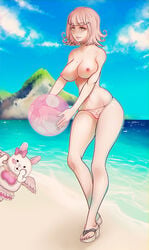 beach beach_ball breasts danganronpa danganronpa_2:_goodbye_despair female flipped_hair hairclip mole mole_on_breast monomi_(danganronpa) nanami_chiaki navel nipples outdoors pink_eyes pink_hair qoppa sandals short_hair solo straight_hair super_danganronpa_2 swimsuit topless water