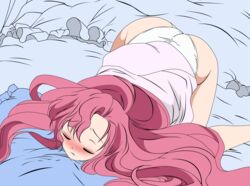 bed bent_over code_geass euphemia_li_britannia female long_hair masturbation panties pink_hair white_panties