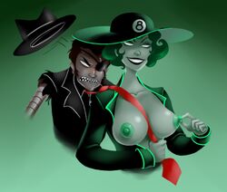 1boy 1girls black_hair black_lipstick breasts clothed clothing duo eye_patch female green_background green_hair green_nails green_nipples grey_skin hair hat homestuck humanized humanstuck male ms_paint_adventures robotic_arm scar sharp_teeth short_hair smile snowman_(homestuck) spades_slick tie white_eyes