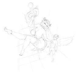 1boy 1girls absurdres age_difference angel angel_wings blush breasts crown erection erection_under_clothes female garters goddess highres kid_icarus kid_icarus_uprising large_breasts legoman legwear looking_back male monochrome nintendo nipples nude older_female palutena partially_colored penis pit pit_(kid_icarus) pole pole_dancing shorts sketch small_penis small_penis_adoration wings younger_male