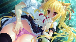 animal_ears blonde_hair breast_grab female fingering forest fox_ears game_cg karin_amagi long_hair magical_marriage_lunatics!! moonstone panties red_eyes skirt skirt_lift smile striped striped_panties thighhighs tree underwear yamakaze_ran