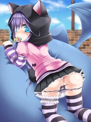 animal_ears animal_hood blue_eyes candy cat_ears character_request emil_chronicle_online female from_behind highres hood licking lollipop looking_at_viewer looking_back lying on_stomach panties panty_pull purple_hair pussy shimo_(depthbomb) skirt solo striped striped_legwear striped_panties thigh_strap thighhighs tongue tongue_out uncensored underwear