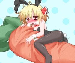 animal_ears black_legwear blonde_hair blush breasts bunny_ears bunny_girl bunny_tail bunnysuit cameltoe carrot detached_collar female masturbation oden_(th-inaba) open_mouth oversized_object pantyhose pussy_juice_stain red_eyes ribbon rumia short_hair small_breasts solo tail touhou wrist_cuffs