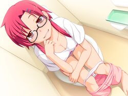 barefoot bathroom blush breasts censored cleavage clenched_teeth custard_cream_taiyaki feet female game_cg glasses grin hairclip hijiri_tsukasa large_breasts legs long_hair looking_at_viewer panties panty_pull red_eyes red_hair shorts sitting smile solo thighs tied_hair toilet toilet_paper twintails underwear