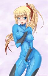 1girls 5_fingers arm_between_breasts between_breasts blonde_hair blue_eyes bodysuit breasts covering_up deviantart female female_only human kawa-v large_breasts long_hair metroid nintendo png ponytail samus_aran sexually_suggestive skin_tight solo standing thigh_gap tied_hair tight_clothes zero_suit zero_suit_samus