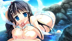 black_hair blue_eyes breasts censored collarbone cum facial female game_cg long_hair magical_marriage_lunatics!! mitsu_no_tama_yori_hime moonstone open_mouth paizuri penis rock water wet yamakaze_ran