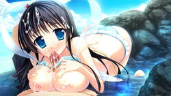 black_hair blue_eyes breasts censored collarbone cum facial female game_cg long_hair magical_marriage_lunatics!! mitsu_no_tama_yori_hime moonstone paizuri penis rock smile water wet yamakaze_ran