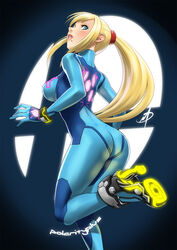 ass beauty_mark blonde_hair blue_eyes bodysuit bracelet breasts daniel_macgregor female female_only human looking_back metroid nintendo polarityplus ponytail rocket_heels samus_aran sideboob simple_background skin_tight solo straight tied_hair tight_clothes zero_suit zero_suit_samus