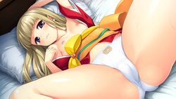 areolae bed blonde_hair blush breasts cameltoe female game_cg highres japanese_clothes kimono legs long_hair lying nanairo_reincarnation nipples open_clothes panties pillow purple_eyes small_breasts solo spread_legs sumeragi_kohaku thighs underwear