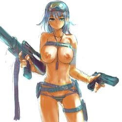 1girls bandage belt between_breasts blue_hair breasts character_request dog_tags female female_only goggles goggles_on_head gun handgun highres large_breasts long_hair looking_at_viewer necklace_between_breasts nipples panties r-type shirt_lift sketch solo striped striped_panties underwear uniskie_saabunrou weapon white_background yellow_eyes