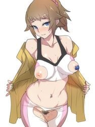 areolae ban blue_eyes breasts brown_hair censored female gundam gundam_build_fighters gundam_build_fighters_try hoshino_fumina inverted_nipples jacket large_breasts midriff navel navel_piercing nipples open_clothes open_jacket pasties piercing ponytail pubic_hair pussy solo tank_top thigh_gap tied_hair torn_clothes