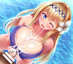 1boy bangs bar_censor bikini blonde_hair blue_eyes blush breast_squeeze breasts censored collarbone cum cum_on_body cum_on_breasts cum_on_upper_body diadem dutch_angle ejaculation eyebrows_visible_through_hair facial female flower front-tie_bikini front-tie_top granblue_fantasy hair_flower hair_intakes hair_ornament highres jeanne_d'arc_(granblue_fantasy) large_breasts lily_(flower) long_hair looking_at_viewer male_pubic_hair nail_polish one_eye_closed open_mouth paizuri paizuri_under_clothes penis perpendicular_paizuri pubic_hair purple_bikini purple_nails solo_focus sparkle stir255 straight sweat swimsuit very_long_hair water white_flower wince