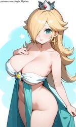 1girl 1girls aegis_elysium ai_art ai_generated background blonde_hair blue_eyes blush blushing blushing_at_viewer breasts cleavage collarbone crown dress earrings female female_focus gem grabbing hair_ornament headpiece highres holding holding_object huge_breasts jewelry large_breasts lingerie long_hair looking_at_viewer mario_(series) navel nintendo ocean patreon patreon_username princess princess_rosalina rosalina sand scenery sea seaside semi-naked simple_background smile solo solo_focus standing super_mario_bros. super_mario_galaxy thick_breasts thick_thighs thighs tiara undressing very_long_hair white_background