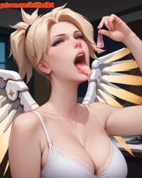 1girls ai_generated angel angela_ziegler artifical_art blonde_female blonde_hair blue_eyes blush condom cum cum_in_mouth cum_on_tongue dripping_cum dripping_semen hair_bun headwear light-skinned_female light_skin medium_breasts mercy mercy_(overwatch) open_mouth overwatch overwatch_2 ponytail semen semen_in_mouth semen_on_tongue solo tongue_out used_condom