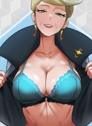 1girls big_breasts blonde_hair blue_bra blue_eyes breast_focus breasts cleavage ear_piercing earrings eyeshadow female female_only game_freak hair i_b_(yaun2242) jett_(pokemon) lace lace-trimmed_bra lace_trim lingerie lips lipstick mature mature_female mature_woman milf nail_polish nails open_clothes pokemon pokemon_legends:_z-a red_lips red_lipstick solo solo_female upper_body yellow_eyeshadow yellow_nail_polish yellow_nails