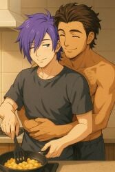 ai_generated chest_hair claude_von_riegan cooking facial_hair fire_emblem gay hugging_from_behind shez_(fire_emblem) shez_(fire_emblem)_(male)