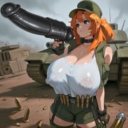 1girls ai_generated bazooka big_breasts black_dildo blue_eyes cleavage dildo fio_germi funny game gigantic_breasts green_shorts huge_dildo metal_slug military military_uniform nipple_bulge nipples_visible_through_clothing orange_hair parody penis pistol see-through_clothing sex_toy shorts solo tagme tank tank_top weapon