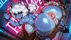 1girls above_view ai_generated alley anklet anthro anus areolae armlet big_anus big_ass big_breasts big_thighs blue_body blue_skin blush bracelet breasts bubble_ass choker claws deltarune deltarune_chapter_3 donut_anus dripping elnina_(deltarune) eyebrows eyelashes female hands_on_wall heels hi_res high_heels high_quality high_resolution highres huge_anus huge_ass huge_breasts huge_thighs large_breasts leg_belt looking_at_viewer looking_back massive_ass massive_breasts massive_thighs neon_lights night nipples outdoors outside pierced_ears pierced_nipples platform_heels puffy_anus puffy_nipples puffy_pussy pussy rain ring smug solo stable_diffusion standing sweat sweatdrop sweating sweaty synthneon thick_ass thick_thighs twerk twerking