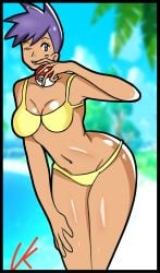 beach bikini bikini_bottom bikini_top dark_skin dark_skinned_female face_tattoo grey_eyes heart_tattoo npc_trainer pokeball pokemon pokemon_gsc pokemon_stadium pokemon_stadium_2 smile swimmer_(pokemon_gsc) tan_skin tomboy wink winking_at_viewer