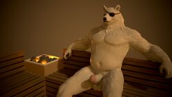 16:9 3d anthro balls bear belly digital_media_(artwork) epic_games erection fortnite fur genitals hi_res humanoid_genitalia humanoid_penis male mammal pawmakelove penis polar_bear polar_patroller sauna sitting solo ursine white_body white_fur widescreen