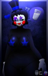 2025 2d 2d_(artwork) 2d_artwork ?? areola areolae artist_logo artist_name beanontoast big_breasts black_eyes black_hair blue_eyes female five_nights_at_freddy's five_nights_at_freddy's_2 glasses marionette_(fnaf) nipple_covers nipples original original_character puppet_(fnaf) red_cheeks red_lipstick rockstar_puppet_(artist) short_hair solo thick_thighs thought_bubble tophat white_gloves