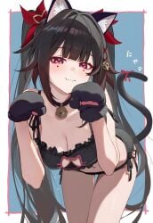 :3 animal_ear_fluff bell bell_collar black_hair bra breasts cat_ears cat_lingerie cat_tail catgirl choker cleavage collar female honkai:_star_rail lingerie panties paw_gloves red_eyes side-tie_panties smile sparkle_(honkai:_star_rail) twintails underwear