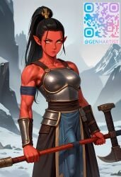 ai_generated armor axe_(character) black_hair dota_2 genderswap_(mtf) genhartist ponytail qr_code r63 red_body