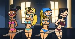 4girls accurate_art_style arms_behind_back ball_gag bikini black_hair blonde_hair blue_bikini bondage bound bound_arms bound_legs bridgette_(tdi) gag gagged heather_(tdi) katie_(tdi) lindsay_(tdi) multiple_girls pink_bikini red_bikini swimsuit total_drama_island twintails vaultman