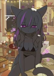 bikini cat_ears cat_girl cat_tail catgirl doremifaso64 enderwoman minecraft on_bed purple_eyes sitting sitting_on_bed snow untied_panties