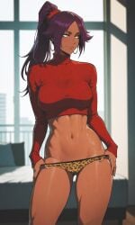 ai_generated bleach breasts dark-skinned_female dark_skin female hoop_earrings large_breasts midriff mommy ozyvan panties ponytail purple_hair shihouin_yoruichi sweater turtleneck turtleneck_sweater yellow_eyes