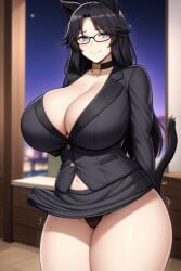 1girls ai_generated ass big_breasts black_hair blue_eyes breasts cat_ears cat_tail catgirl female female_focus female_only glasses hips huge_breasts large_breasts long_hair looking_at_viewer looking_pleasured mature_female milf navel office_lady panties smiling thick_thighs thighs wide_hips